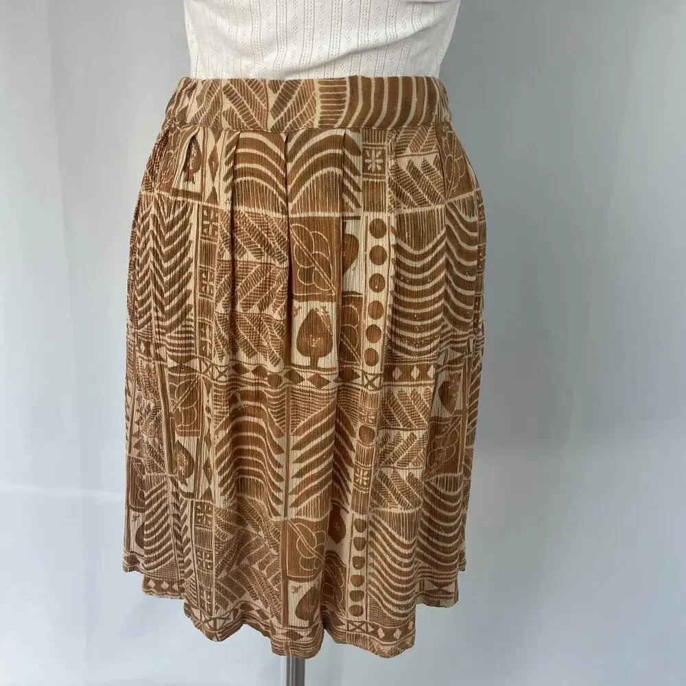 Vintage A Line Mini Skirt Small Brown Tan Tribal Boho Lagenlook Pleated Skater